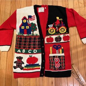 VTG RARE Marisa Christina Red Hand-Knit Teacher School Cardigan Sweater